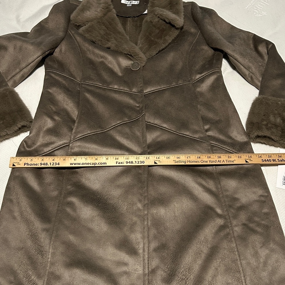 VIA SPIGA DARK TAUPE WOMEN NORTCH COLLAR COAT WITH FAUX FUR TRIM SIZE LARGE NWT - Picture 6 of 16